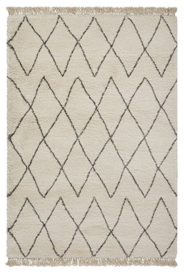 Cream Grey Rug, Handmade Shaggy Rug, Chequered Rug, Moroccan Kilim Modern Rug for Bedroom, & Dining Room-200cm X 290cm