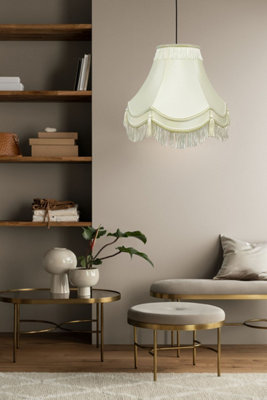 Cream Ivory Iceberg Tassel Silk Fabric Double Scallop Dual Purpose Lampshade with Gold Trim Table Floor Ceiling Light 16inch