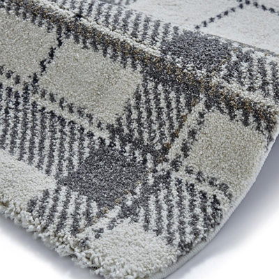 Cream/Light Grey Modern Tartan Chequered Easy To Clean Rug For Dining Room-160cm X 220cm