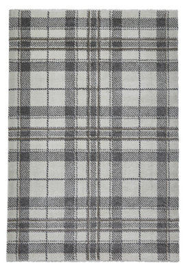 Cream/Light Grey Modern Tartan Chequered Easy To Clean Rug For Dining Room-160cm X 220cm