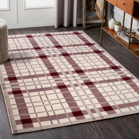 Cream Modern Tartan Easy to Clean Chequered Rug for Living Room, Bedroom, Dining Room - 160cm X 225cm