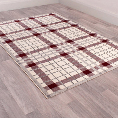 Cream Modern Tartan Easy to Clean Chequered Rug for Living Room, Bedroom, Dining Room - 80cm X 150cm