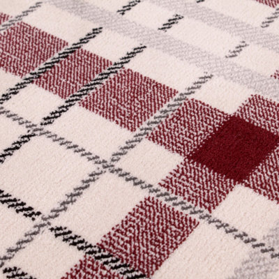 Cream Modern Tartan Easy to Clean Chequered Rug for Living Room, Bedroom, Dining Room - 80cm X 150cm