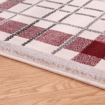 Cream Modern Tartan Easy to Clean Chequered Rug for Living Room, Bedroom, Dining Room - 80cm X 150cm