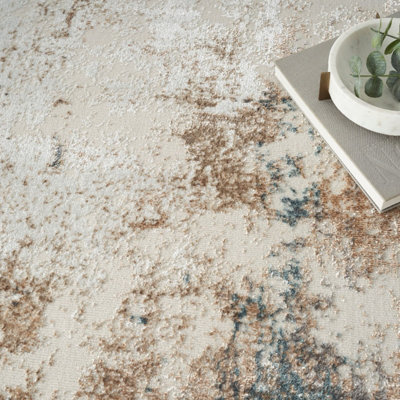 Cream Multi Abstract Modern Rug Easy to clean Living Room and Bedroom ...