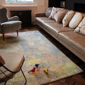Cream Multi Geometric Wool Luxurious Modern Rug Easy to clean Living Room and Bedroom-120cm X 170cm