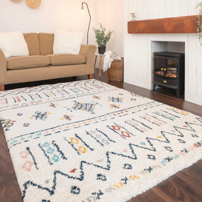 Cream Multicolour Boho Aztec Shaggy Living Area Rug 200x290cm