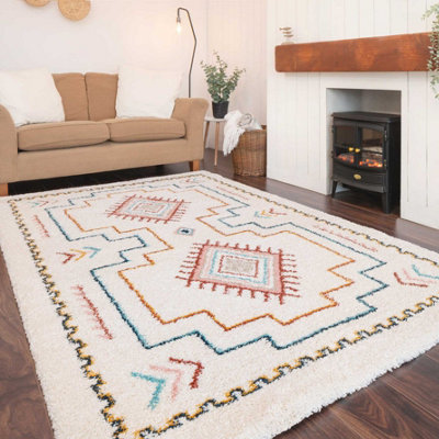 Cream Multicolour Diamond Aztec Bordered Shaggy Living Area Rug 200x290cm