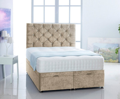 Cream  Naples Foot Lift Ottoman Bed With Memory Spring Mattress And   Studded Headboard 3FT Single