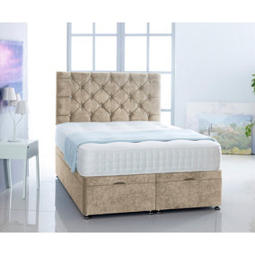 Cream   Naples Foot Lift Ottoman Bed With Memory Spring Mattress And   Studded  Headboard 4.0FT Small Double