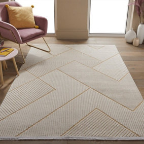 Cream Outdoor Rug, Geometric Striped Stain-Resistant Rug For Patio Decks, 3mm Modern Outdoor Area Rug-160cm X 220cm