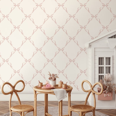 Cream Pink Bow Wallpaper Ribbon Smooth Flat Finish Bedroom Living Room Office