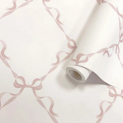 Cream Pink Ribbon Wallpaper with Bow Classic Look