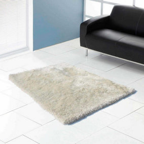 Cream Plain Shaggy Handmade Sparkle Easy to Clean Rug For Dining Room Bedroom And Living Room-120cm X 170cm