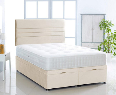 Cream  Plush Foot Lift Ottoman Bed With Memory Spring Mattress And  Horizontal Headboard 3FT Single