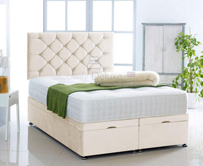 Cream   Plush Foot Lift Ottoman Bed With Memory Spring Mattress And   Studded   Headboard 4.0FT Small Double