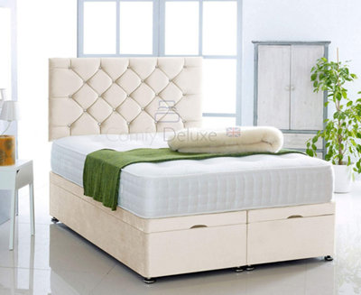 Cream   Plush Foot Lift Ottoman Bed With Memory Spring Mattress And    Studded   Headboard 4FT6 Double