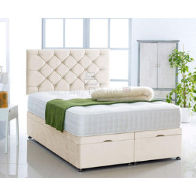 Cream  Plush Foot Lift Ottoman Bed With Memory Spring Mattress And Studded Headboard 6.0 FT Super King