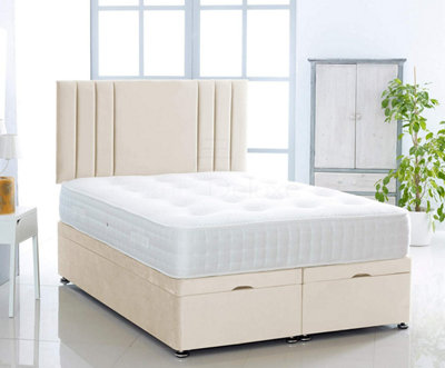 Cream   Plush Foot Lift Ottoman Bed With Memory Spring Mattress And   Vertical  Headboard 4.0FT Small Double