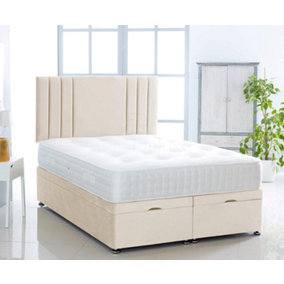 Cream  Plush Foot Lift Ottoman Bed With Memory Spring Mattress And Vertical Headboard 6.0 FT Super King