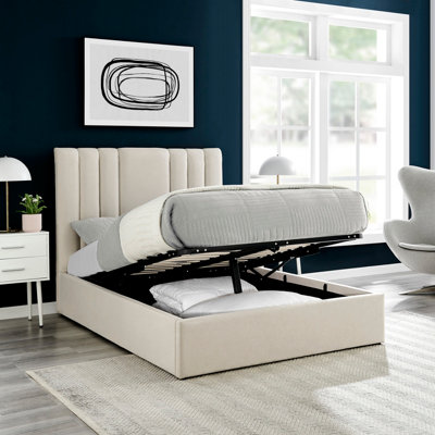 Cream Plush Velvet King Size 5FT Line Design Padded Headboard Ottoman Storage Gas Lift Bed