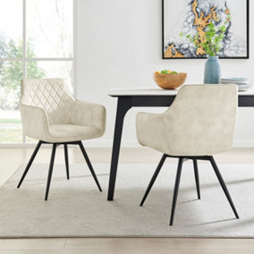Cream Plush Velvet Swivel Dining Chair with Black Legs Set Of 2