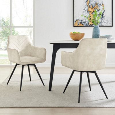 Cream Plush Velvet Swivel Dining Chair with Chevron Stitch Detail Black Legs Set of 2