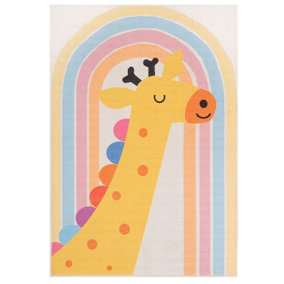 Cream Rainbow Giraffe Kids Play Mat Soft Non Slip Washable Bedroom Rug 120x170cm