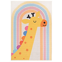 Cream Rainbow Giraffe Kids Play Mat Soft Non Slip Washable Bedroom Rug 80x150cm