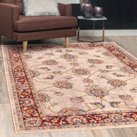Cream Red Traditional Bordered Floral Rug Easy to clean Dining Room-120cm X 170cm