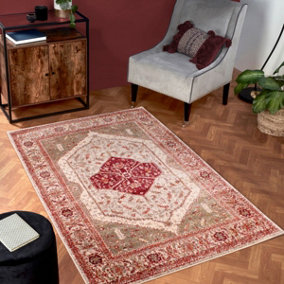 Cream Red Traditional Bordered Geometric Persian Rug Easy to clean Dining Room-66 X 240cm (Runner)