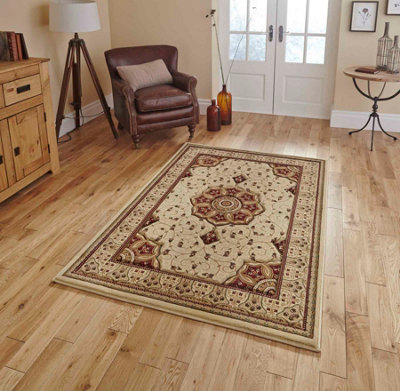 Cream Red Traditional Easy to Clean Bordered Floral Rug For Dining Room-120cm X 170cm