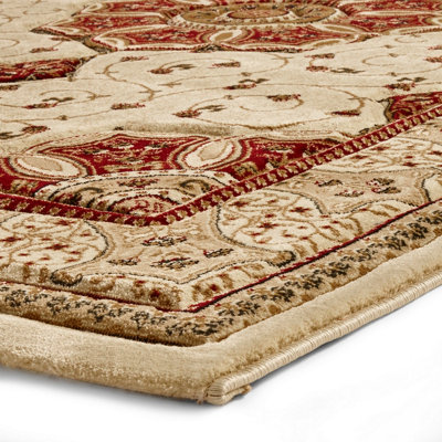 Cream Red Traditional Easy to Clean Bordered Floral Rug For Dining Room ...
