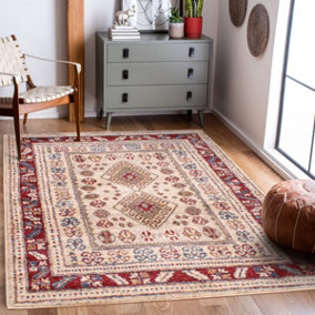 Cream Red Traditional Persian Bordered Geometric Rug Easy to clean Dining Room-160cm X 225cm