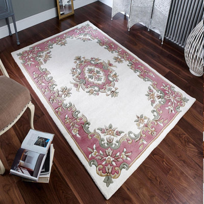 Cream Rose Traditional Bordered Floral Handmade Cotton Backing Rug for Living Room and Bedroom-120cm X 180cm