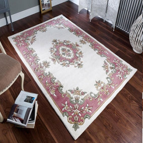 Cream Rose Traditional Bordered Floral Handmade Cotton Backing Rug for Living Room and Bedroom-120cm X 180cm