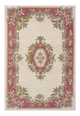 Cream Rose Traditional Bordered Floral Handmade Cotton Backing Rug for Living Room and Bedroom-200cm X 285cm