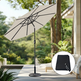 Cream Round Garden 3M Parasol Patio Crank Tilt Umbrella  w/ Base Cover