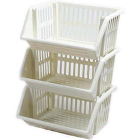 Cream Set of 3 Plastic Stacking Basket Multi-Purpose Storage Stackable Shelves For Vegetable Fruit Food Organize Rack Stand 18cm
