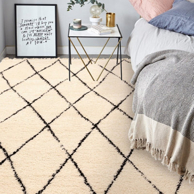 Cream Shaggy Kilim Luxurious Modern Moroccan Easy to Clean Geometric Rug For DiningRoom-120cm X 170cm