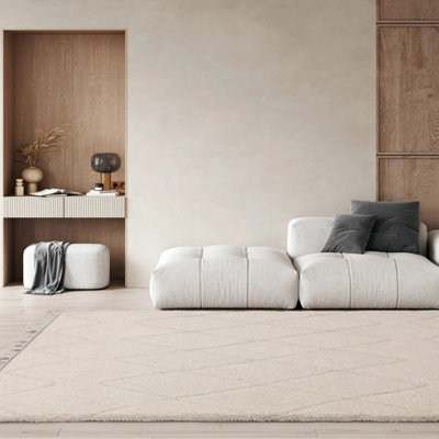 Cream Shaggy Kilim Modern Rug Easy to clean Living Room and Bedroom-120cm X 170cm