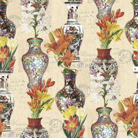 Cream Silver Wallpaper Funky Oriental Vases Flowers Metallic Stamps Holden Chic