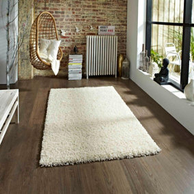 Cream Solid Plain Shaggy Machine Made Easy to Clean Rug for Living Room Bedroom and Dining Room-120cm X 170cm