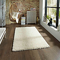Cream Solid Plain Shaggy Machine Made Easy to Clean Rug for Living Room Bedroom and Dining Room-133cm (Circle)