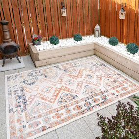 Cream Terracotta Geometric Textured Flatweave Indoor Outdoor Weatherproof Area Rug 230x330cm