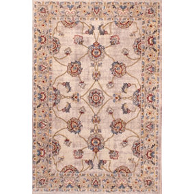 Cream Traditional Bordered Floral Rug Easy to clean Dining Room-120cm X 170cm