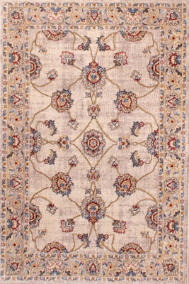 Cream Traditional Bordered Floral Rug Easy to clean Dining Room-66 X 240cmcm (Runner)