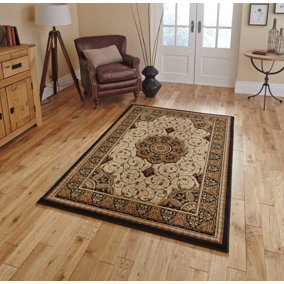 Cream Traditional Easy to Clean Bordered Floral Rug For Dining Room-120cm X 170cm