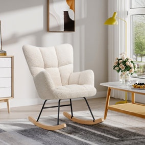 Cream Tufted Upholstered Teddy Rocking Chair with High Backrest