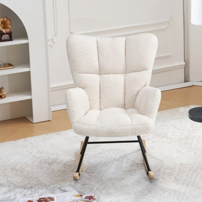 Cream Tufted Upholstered Teddy Rocking Chair with High Backrest